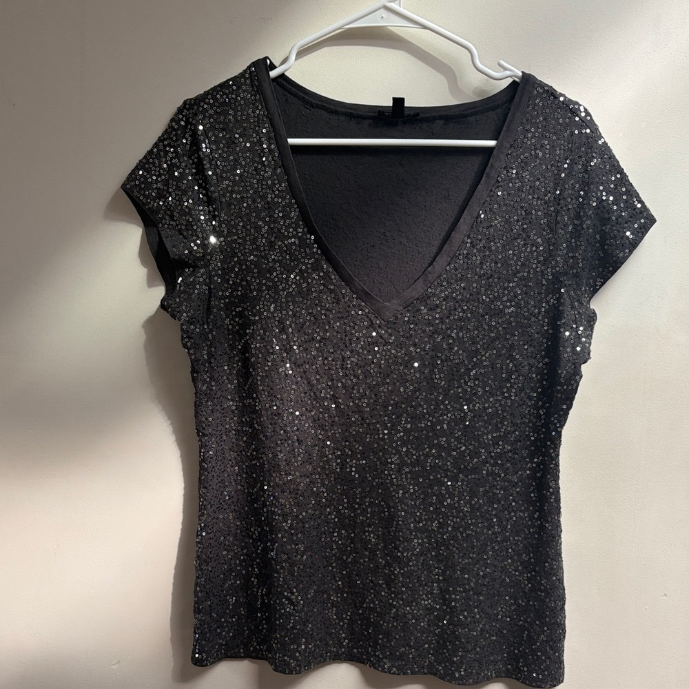 Express Black Sequin V-Neck Short Sleeve Top